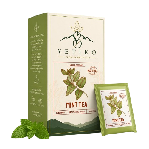 Yetiko Mint Tea box with a tea sachet and fresh mint leaves