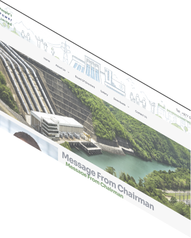 Angled screenshot of a hydropower company website with a reservoir and a message from the chairman