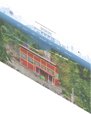 Angled screenshot of a website with a mountain landscape hero banner