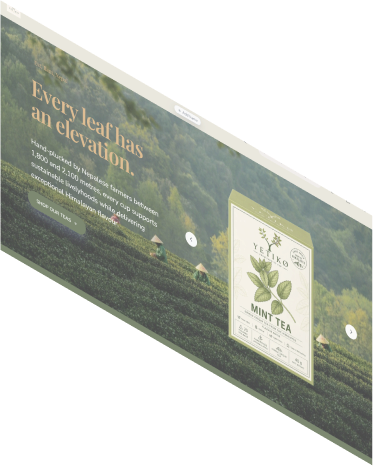 Angled screenshot of a tea brand website with a mint tea package over green tea fields