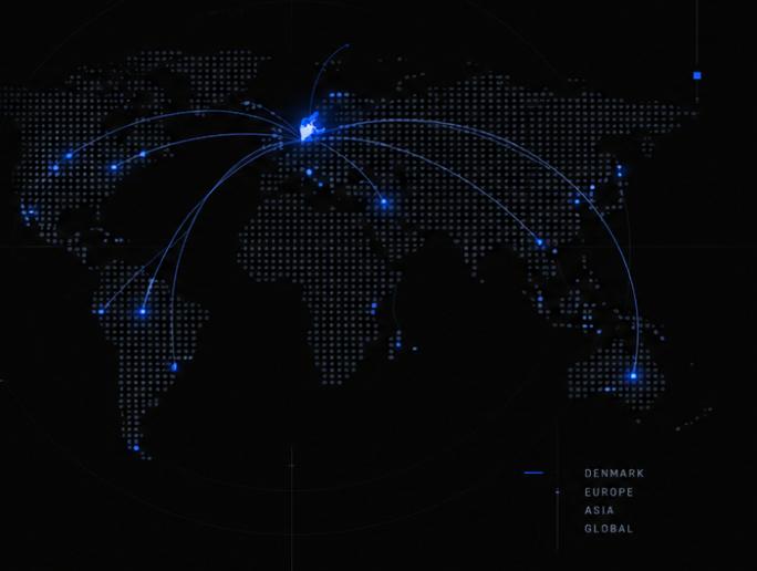 Dotted world map with glowing blue connection arcs radiating from Denmark to Europe, Asia and the rest of the world
