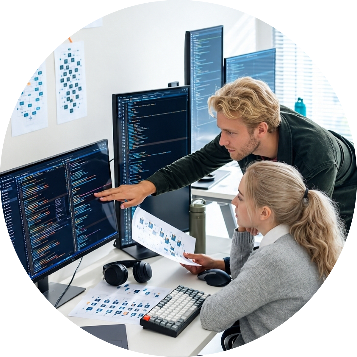 Two developers reviewing code on multiple monitors in a bright office