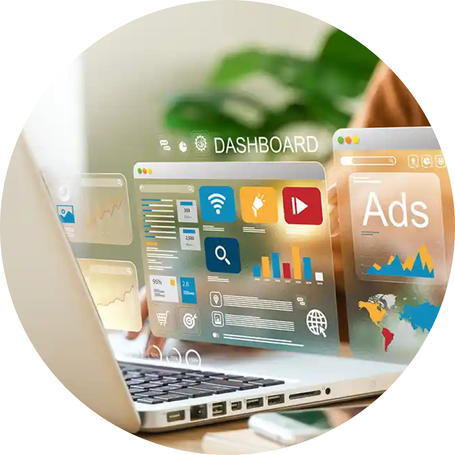 Laptop showing a digital marketing dashboard with floating ad and analytics icons