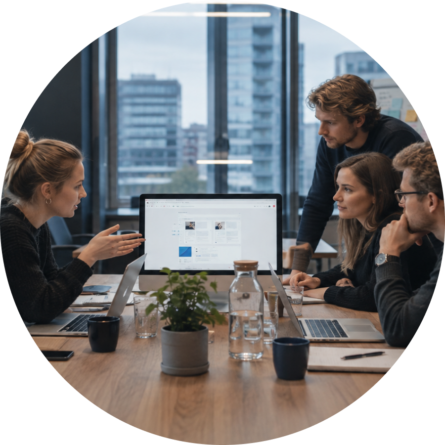 Team gathered around a laptop in a glass-walled meeting room planning a SaaS product