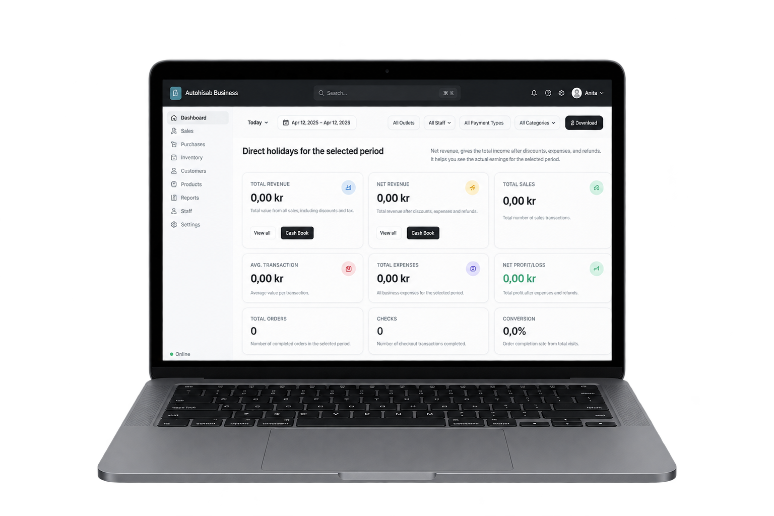 Laptop displaying a Yetiko-built business dashboard with revenue, expenses and sales totals