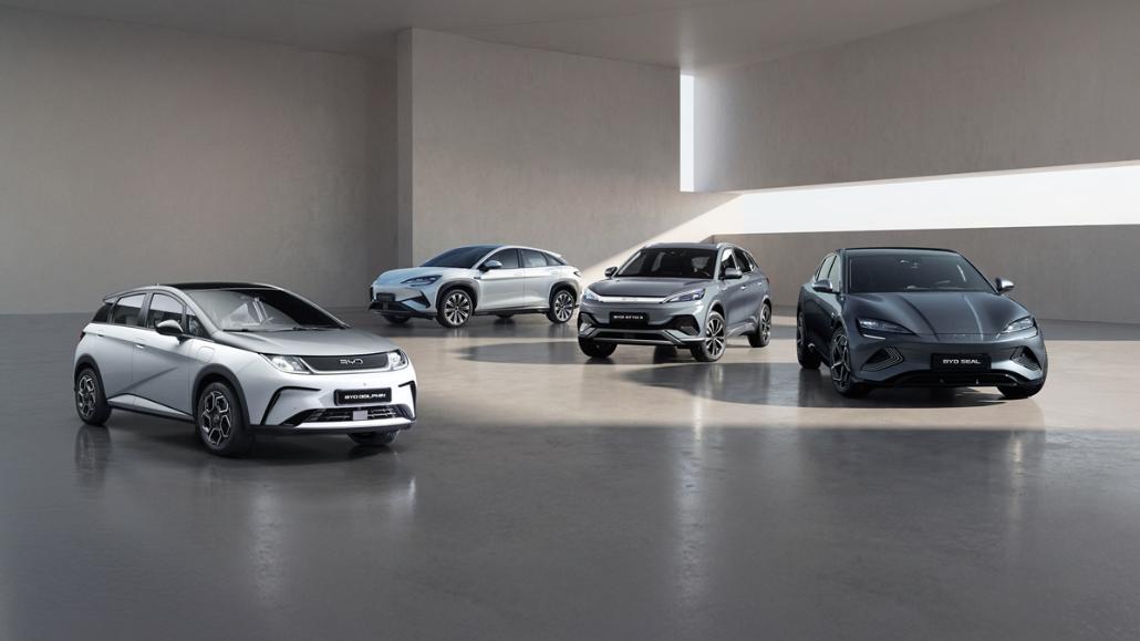 BYD electric vehicle lineup in a modern showroom